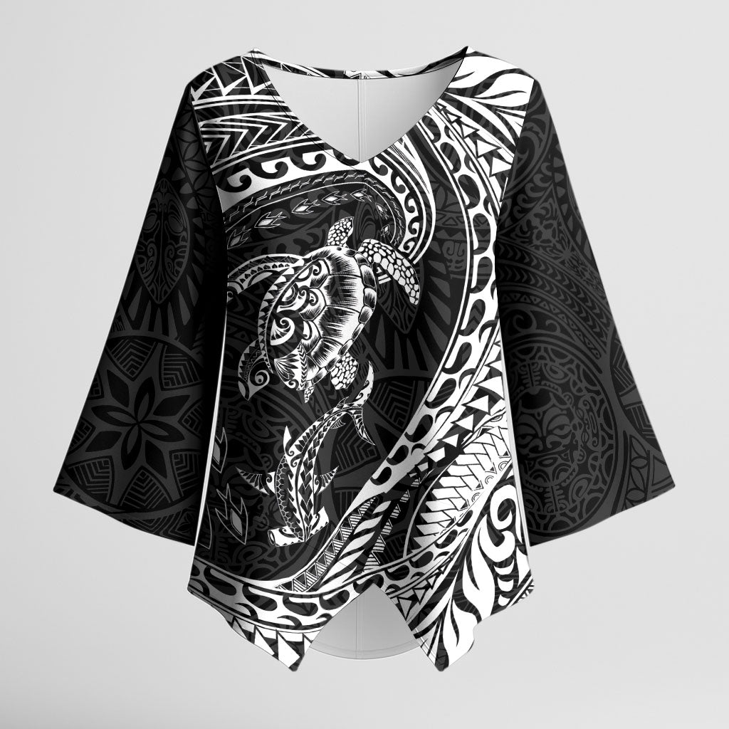 Hawaiian Turtle and Shark Kimono Sleeve Blouse Kakau Tribal with Polynesian Pattern Black Color LT03 Female Black - Polynesian Pride