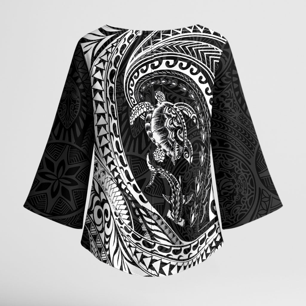 Hawaiian Turtle and Shark Kimono Sleeve Blouse Kakau Tribal with Polynesian Pattern Black Color LT03 - Polynesian Pride