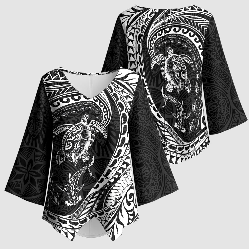 Hawaiian Turtle and Shark Kimono Sleeve Blouse Kakau Tribal with Polynesian Pattern Black Color LT03 - Polynesian Pride