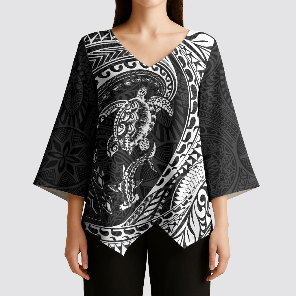 Hawaiian Turtle and Shark Kimono Sleeve Blouse Kakau Tribal with Polynesian Pattern Black Color LT03 - Polynesian Pride