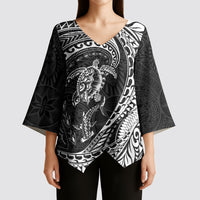 Hawaiian Turtle and Shark Kimono Sleeve Blouse Kakau Tribal with Polynesian Pattern Black Color LT03 - Polynesian Pride