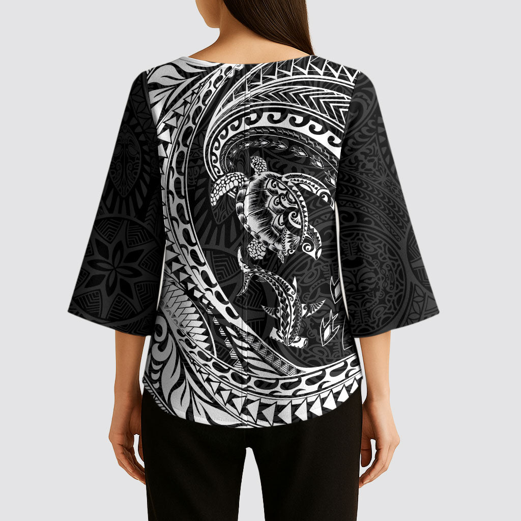 Hawaiian Turtle and Shark Kimono Sleeve Blouse Kakau Tribal with Polynesian Pattern Black Color LT03 - Polynesian Pride