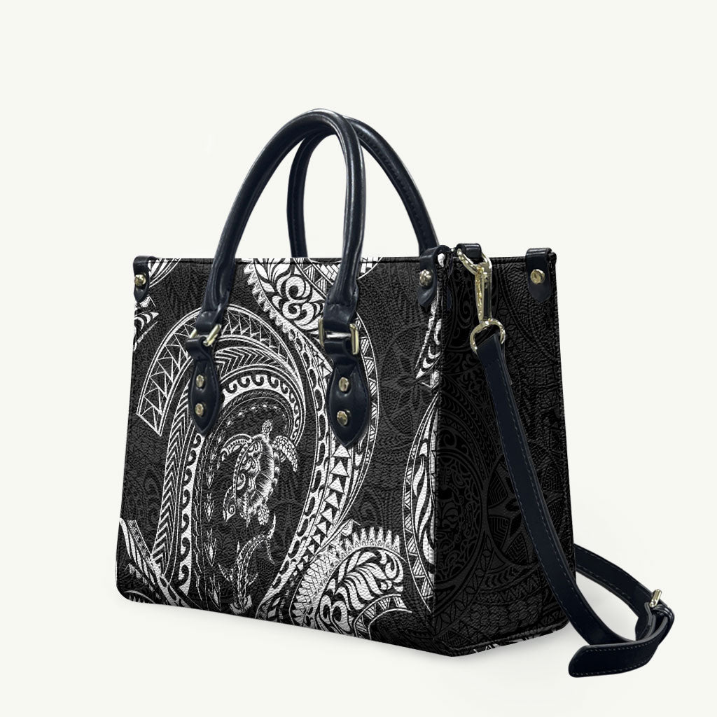 Hawaiian Turtle and Shark Leather Bag Kakau Tribal with Polynesian Pattern Black Color LT03 Black - Polynesian Pride