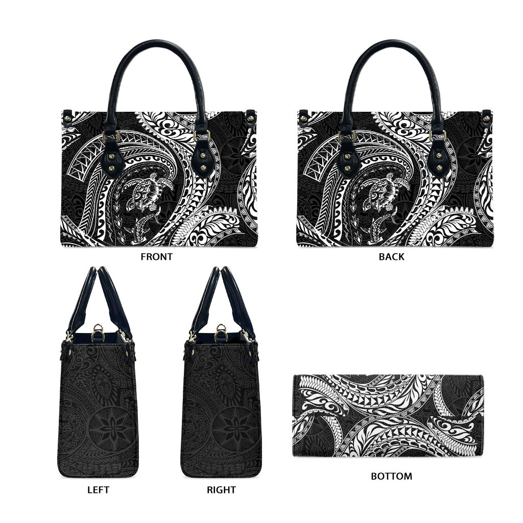 Hawaiian Turtle and Shark Leather Bag Kakau Tribal with Polynesian Pattern Black Color LT03 - Polynesian Pride