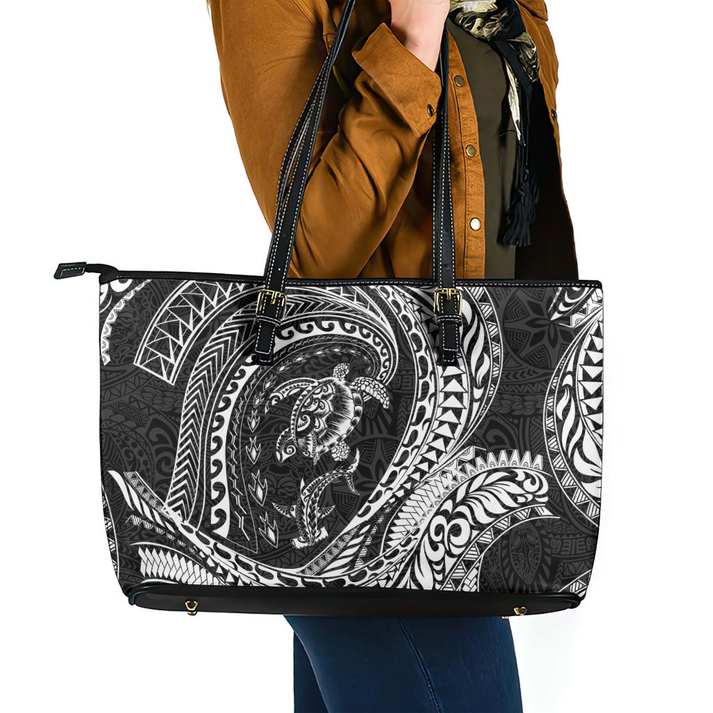 Hawaiian Turtle and Shark Leather Tote Bag Kakau Tribal with Polynesian Pattern Black Color LT03 - Polynesian Pride