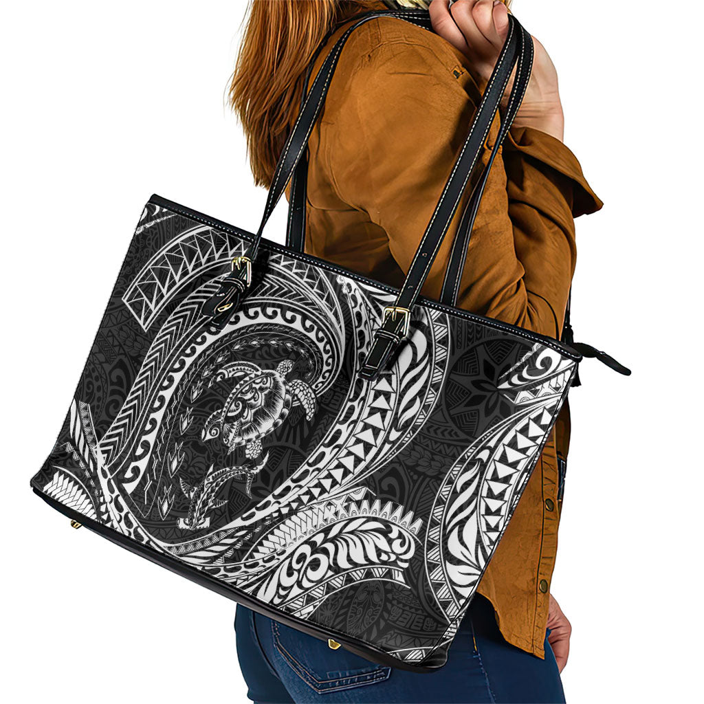 Hawaiian Turtle and Shark Leather Tote Bag Kakau Tribal with Polynesian Pattern Black Color LT03 - Polynesian Pride