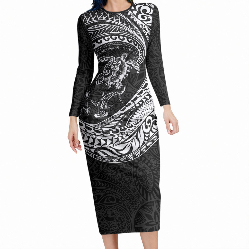 Hawaiian Turtle and Shark Long Sleeve Bodycon Dress Kakau Tribal with Polynesian Pattern Black Color LT03 Long Dress Black - Polynesian Pride