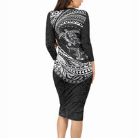 Hawaiian Turtle and Shark Long Sleeve Bodycon Dress Kakau Tribal with Polynesian Pattern Black Color LT03 - Polynesian Pride