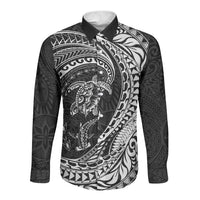 Hawaiian Turtle and Shark Long Sleeve Button Shirt Kakau Tribal with Polynesian Pattern Black Color LT03 Unisex Black - Polynesian Pride