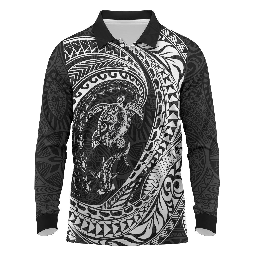 Hawaiian Turtle and Shark Long Sleeve Polo Shirt Kakau Tribal with Polynesian Pattern Black Color LT03 Black - Polynesian Pride