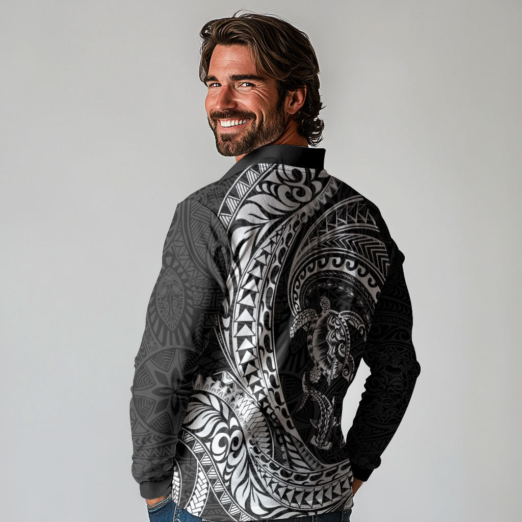 Hawaiian Turtle and Shark Long Sleeve Polo Shirt Kakau Tribal with Polynesian Pattern Black Color LT03 - Polynesian Pride