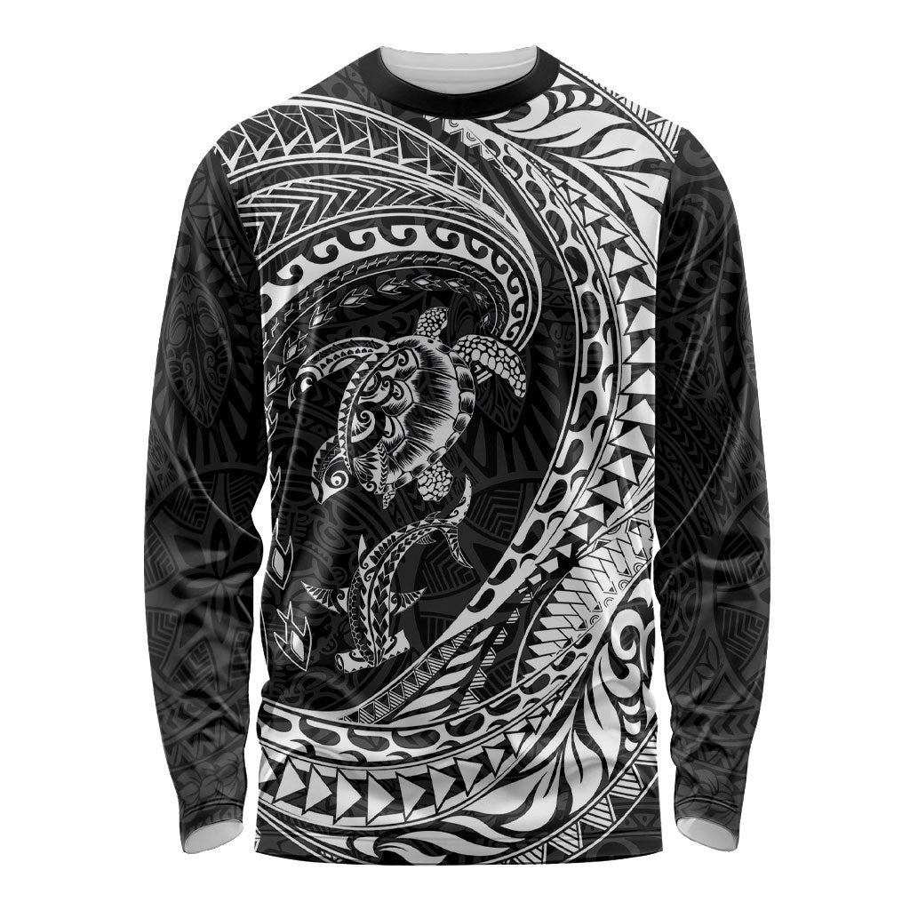 Hawaiian Turtle and Shark Long Sleeve Shirt Kakau Tribal with Polynesian Pattern Black Color LT03 Unisex Black - Polynesian Pride