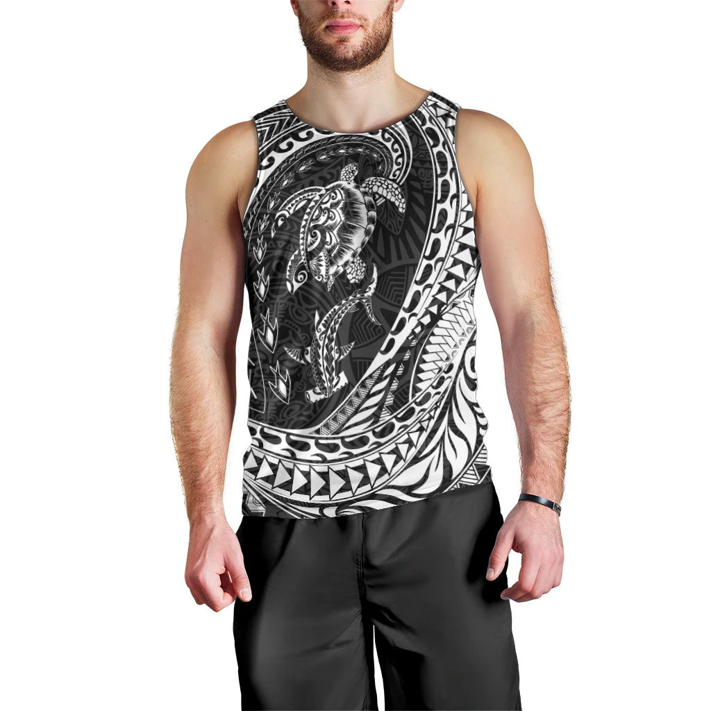 Hawaiian Turtle and Shark Men Tank Top Kakau Tribal with Polynesian Pattern Black Color LT03 - Polynesian Pride