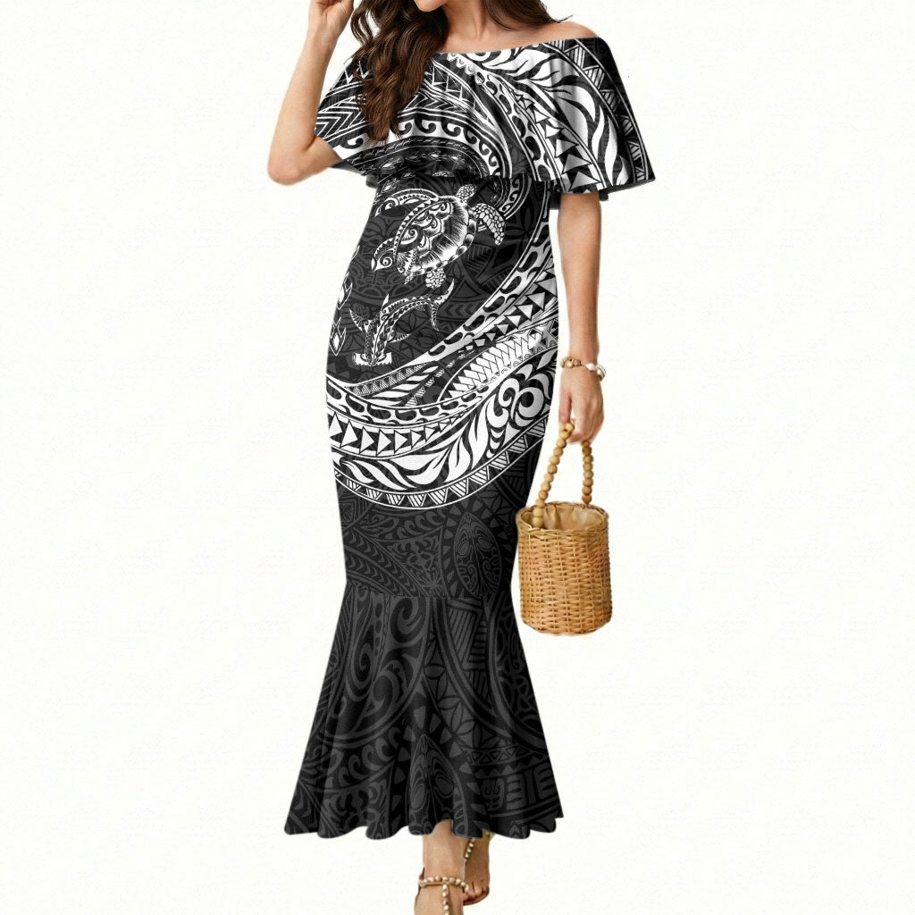 Hawaiian Turtle and Shark Mermaid Dress Kakau Tribal with Polynesian Pattern Black Color LT03 Women Black - Polynesian Pride