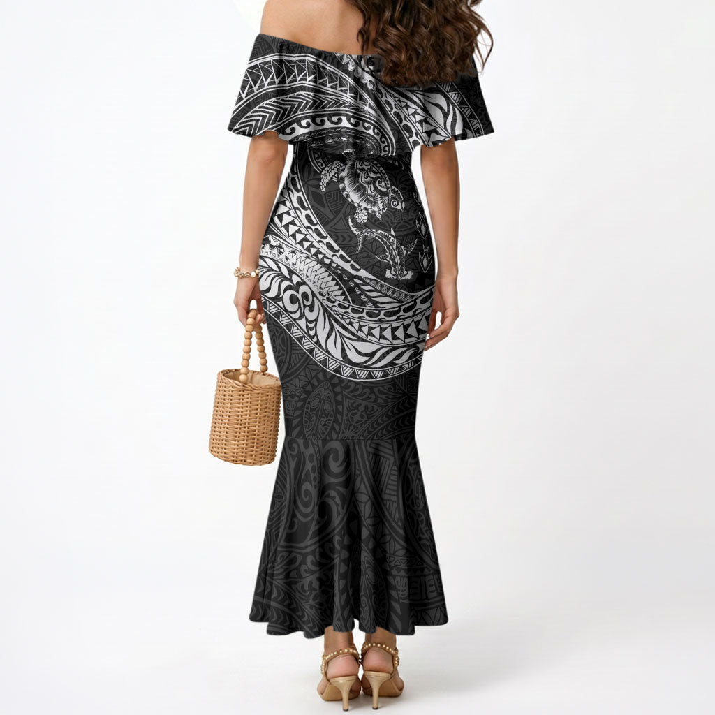 Hawaiian Turtle and Shark Mermaid Dress Kakau Tribal with Polynesian Pattern Black Color LT03 - Polynesian Pride