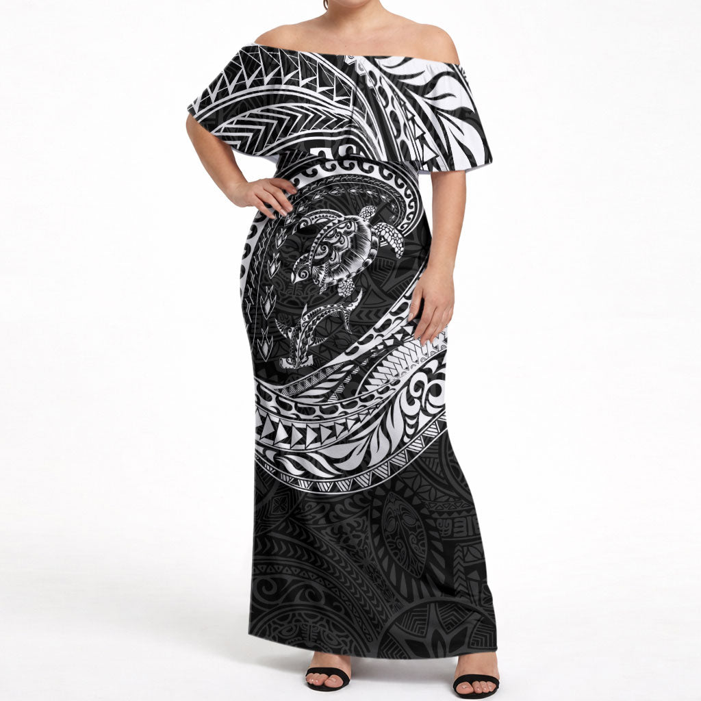 Hawaiian Turtle and Shark Off Shoulder Maxi Dress Kakau Tribal with Polynesian Pattern Black Color LT03 Women Black - Polynesian Pride