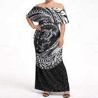 Hawaiian Turtle and Shark Off Shoulder Maxi Dress Kakau Tribal with Polynesian Pattern Black Color LT03 Women Black - Polynesian Pride