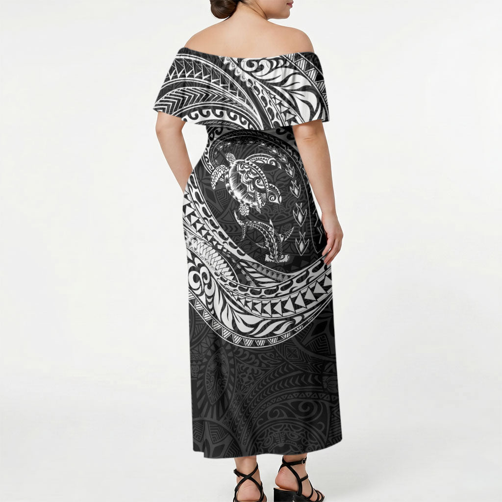 Hawaiian Turtle and Shark Off Shoulder Maxi Dress Kakau Tribal with Polynesian Pattern Black Color LT03 - Polynesian Pride