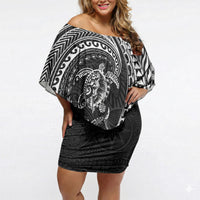 Hawaiian Turtle and Shark Off Shoulder Short Dress Kakau Tribal with Polynesian Pattern Black Color LT03 Women Black - Polynesian Pride