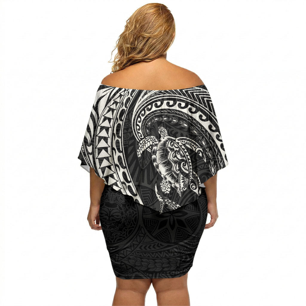 Hawaiian Turtle and Shark Off Shoulder Short Dress Kakau Tribal with Polynesian Pattern Black Color LT03 - Polynesian Pride