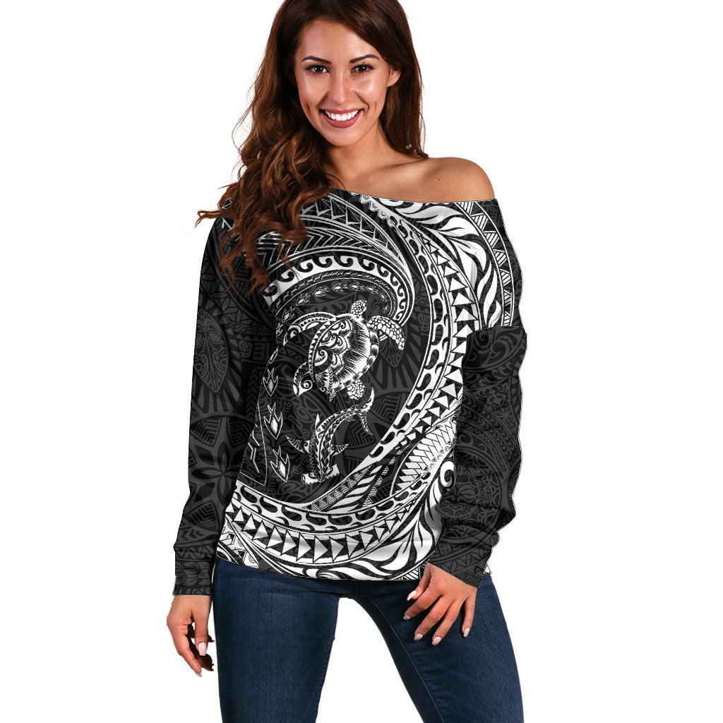 Hawaiian Turtle and Shark Off Shoulder Sweater Kakau Tribal with Polynesian Pattern Black Color LT03 Women Black - Polynesian Pride