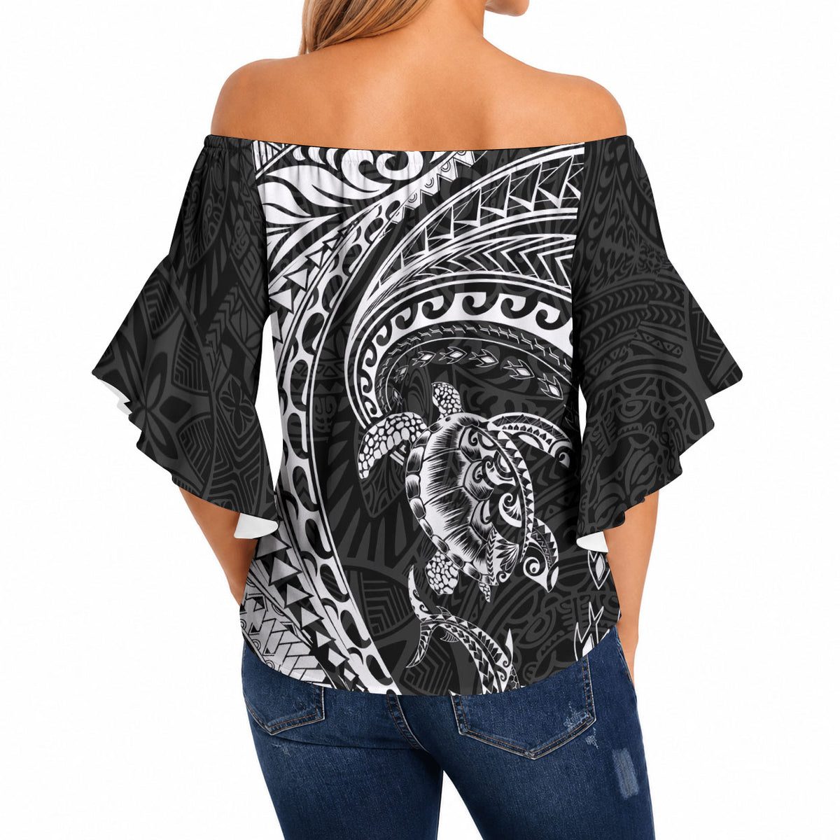 Hawaiian Turtle and Shark Off Shoulder Wrap Waist Top Kakau Tribal with Polynesian Pattern Black Color LT03 - Polynesian Pride