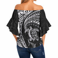 Hawaiian Turtle and Shark Off Shoulder Wrap Waist Top Kakau Tribal with Polynesian Pattern Black Color LT03 - Polynesian Pride