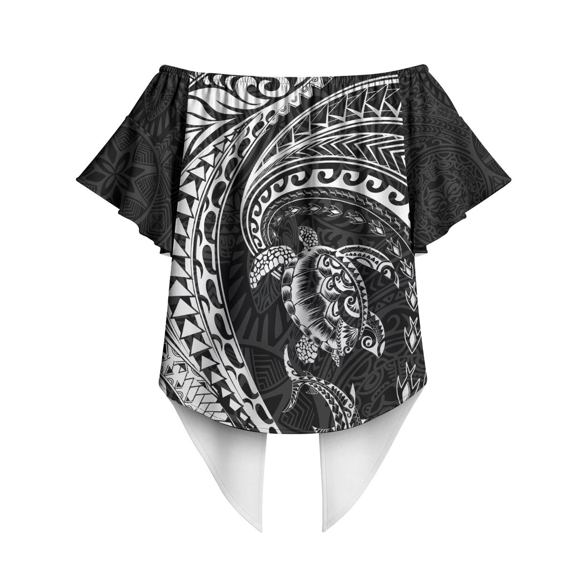 Hawaiian Turtle and Shark Off Shoulder Wrap Waist Top Kakau Tribal with Polynesian Pattern Black Color LT03 - Polynesian Pride