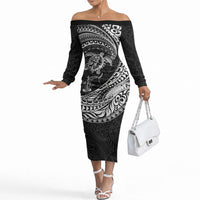 Hawaiian Turtle and Shark Off The Shoulder Long Sleeve Dress Kakau Tribal with Polynesian Pattern Black Color LT03 Women Black - Polynesian Pride