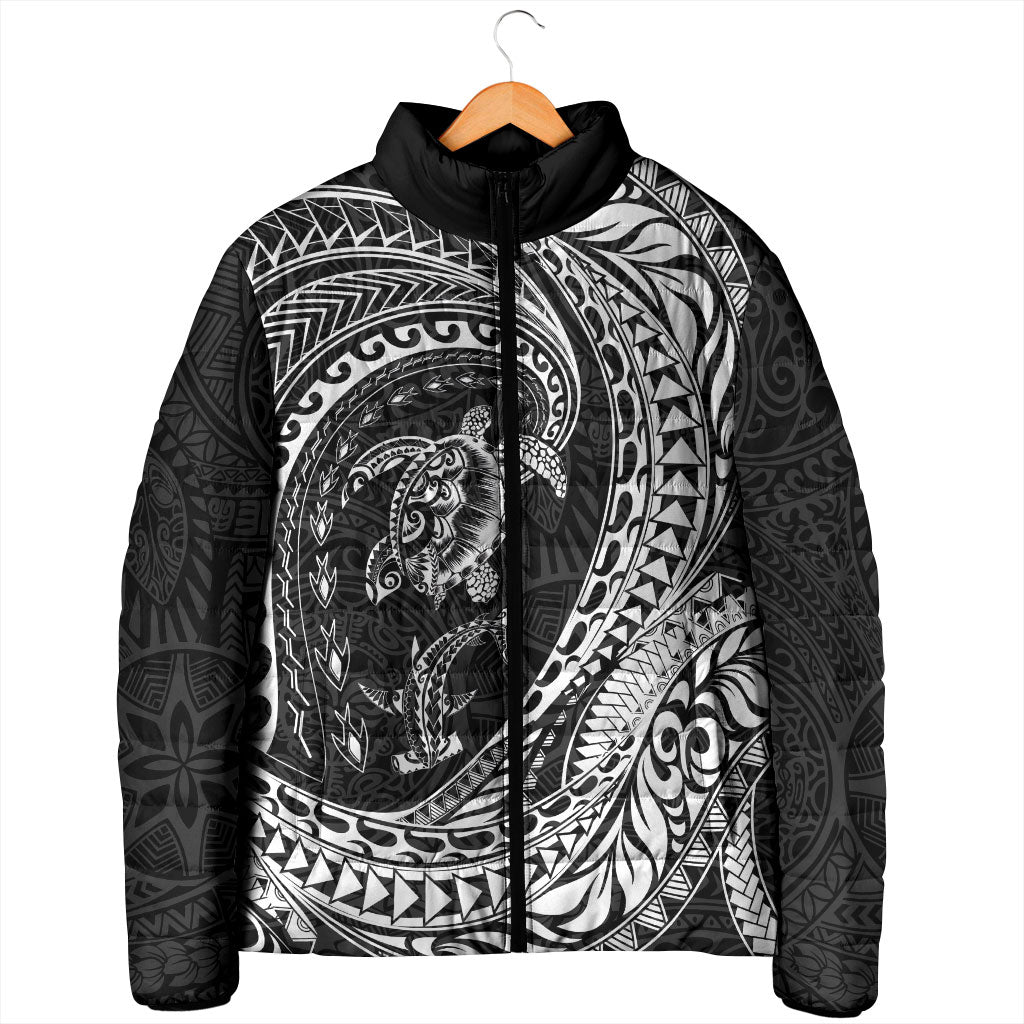 Hawaiian Turtle and Shark Padded Jacket Kakau Tribal with Polynesian Pattern Black Color LT03 - Polynesian Pride