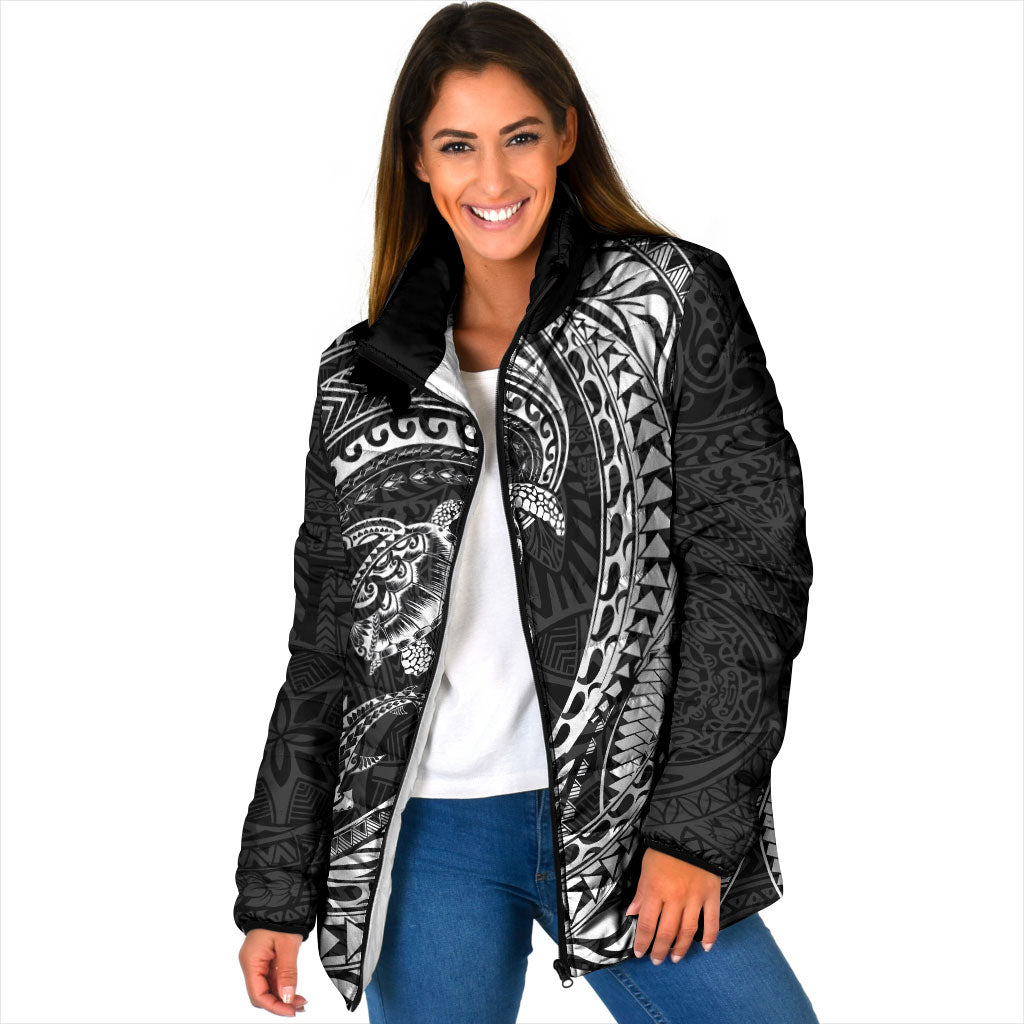 Hawaiian Turtle and Shark Padded Jacket Kakau Tribal with Polynesian Pattern Black Color LT03 Women Black - Polynesian Pride