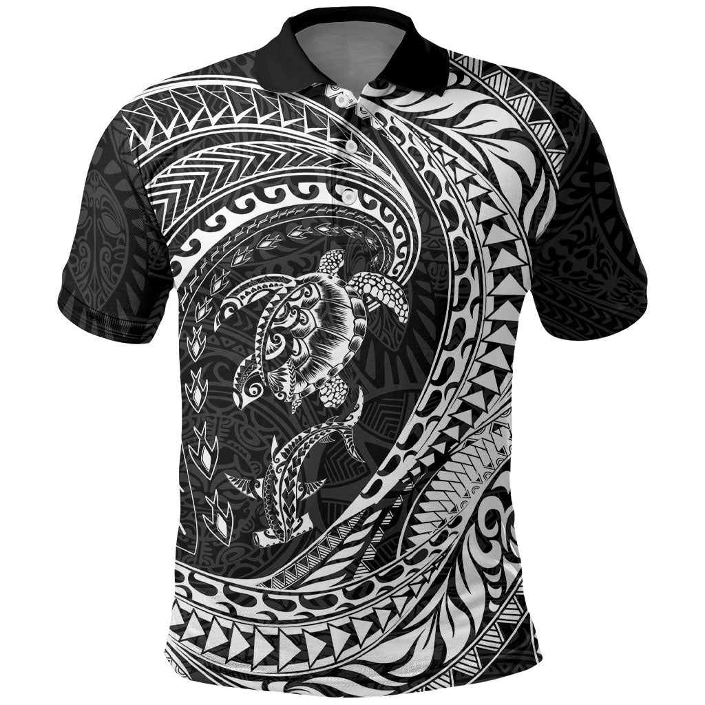 Hawaiian Turtle and Shark Polo Shirt Kakau Tribal with Polynesian Pattern Black Color LT03 Black - Polynesian Pride