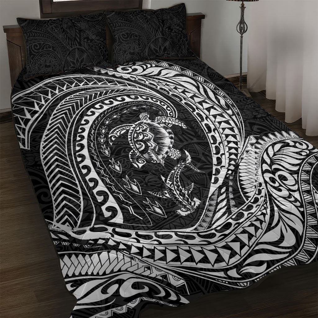 Hawaiian Turtle and Shark Quilt Bed Set Kakau Tribal with Polynesian Pattern Black Color LT03 Black - Polynesian Pride