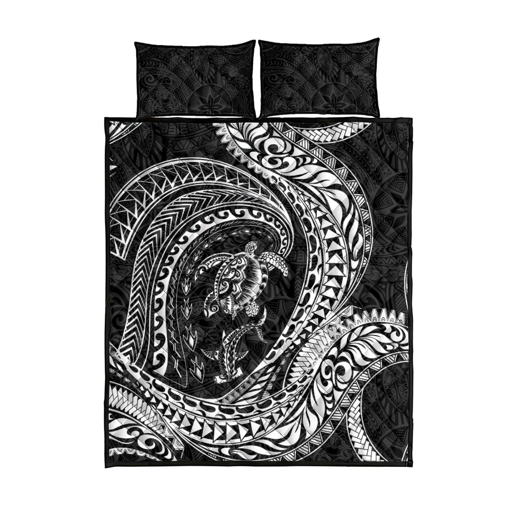 Hawaiian Turtle and Shark Quilt Bed Set Kakau Tribal with Polynesian Pattern Black Color LT03 - Polynesian Pride