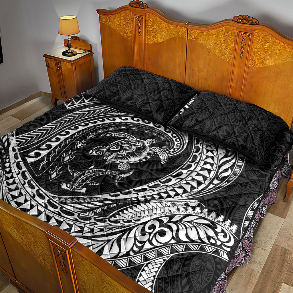 Hawaiian Turtle and Shark Quilt Bed Set Kakau Tribal with Polynesian Pattern Black Color LT03 - Polynesian Pride
