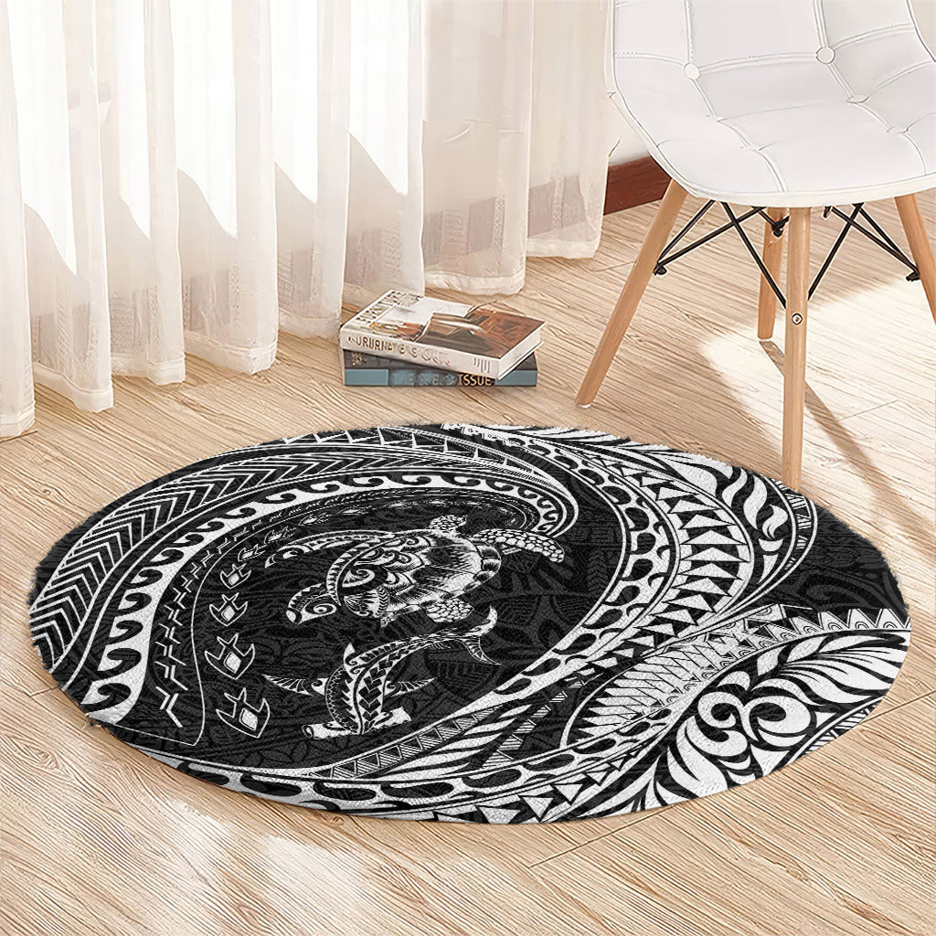 Hawaiian Turtle and Shark Round Carpet Kakau Tribal with Polynesian Pattern Black Color LT03 - Polynesian Pride
