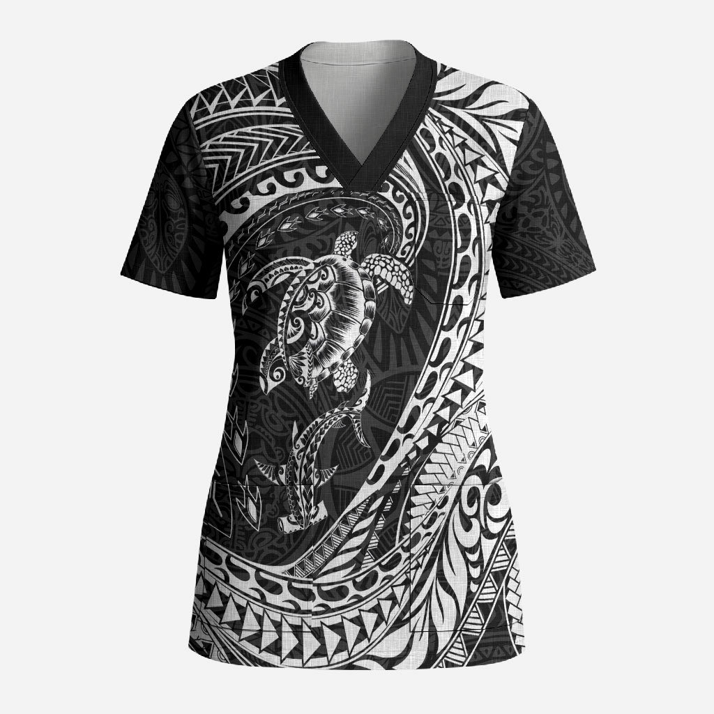 Hawaiian Turtle and Shark Scrub Top Kakau Tribal with Polynesian Pattern Black Color LT03 Adult Black - Polynesian Pride