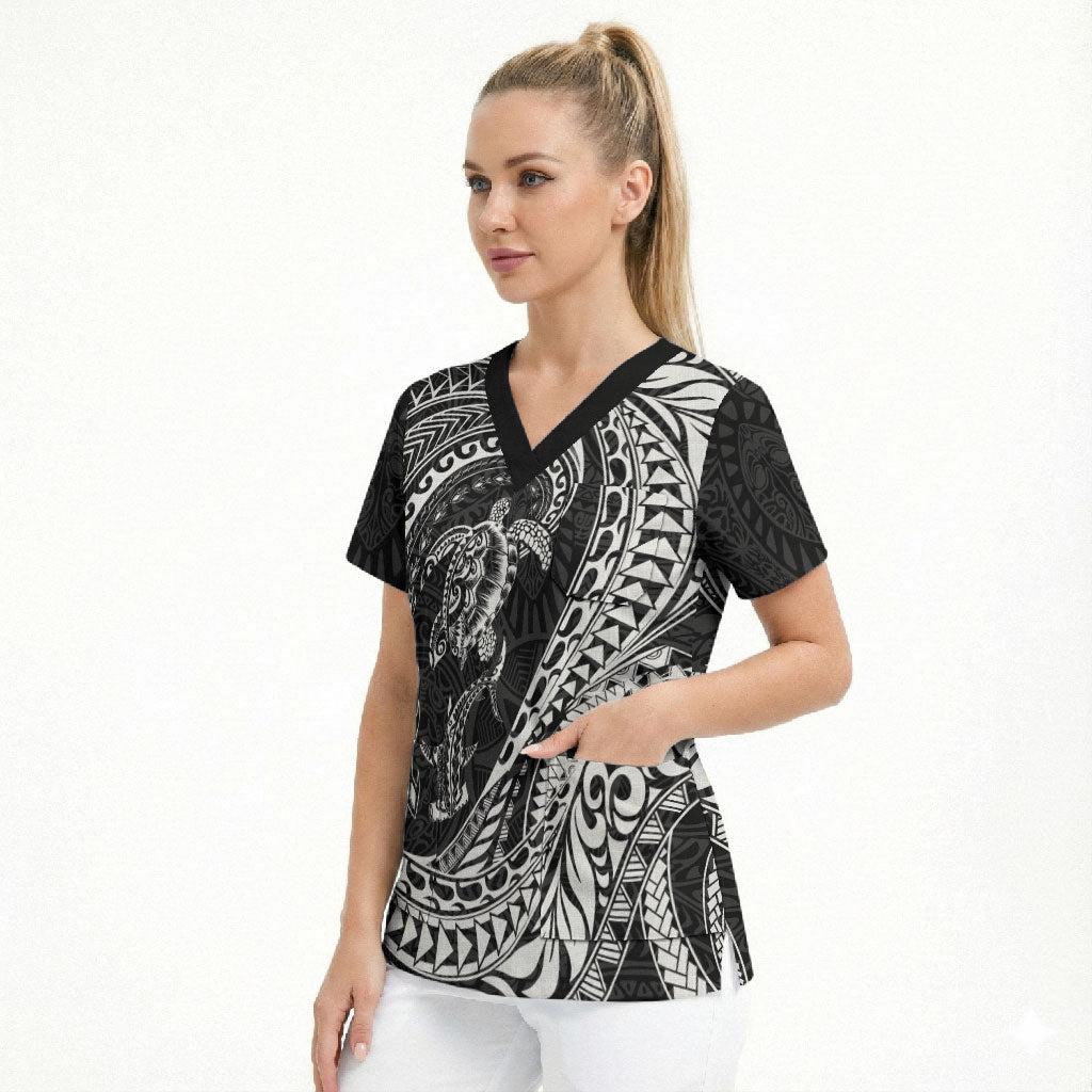 Hawaiian Turtle and Shark Scrub Top Kakau Tribal with Polynesian Pattern Black Color LT03 - Polynesian Pride