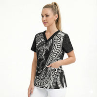 Hawaiian Turtle and Shark Scrub Top Kakau Tribal with Polynesian Pattern Black Color LT03 - Polynesian Pride