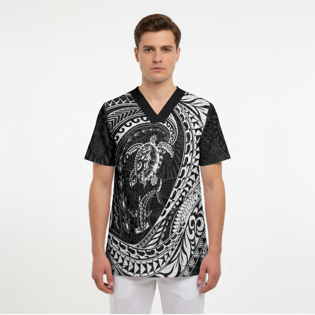 Hawaiian Turtle and Shark Scrub Top Kakau Tribal with Polynesian Pattern Black Color LT03 - Polynesian Pride