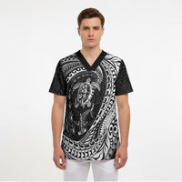 Hawaiian Turtle and Shark Scrub Top Kakau Tribal with Polynesian Pattern Black Color LT03 - Polynesian Pride
