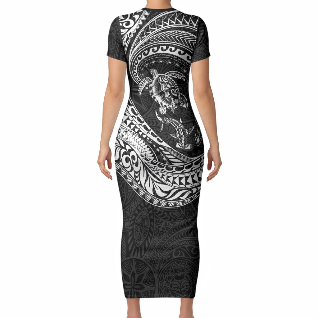 Hawaiian Turtle and Shark Short Sleeve Bodycon Dress Kakau Tribal with Polynesian Pattern Black Color LT03 - Polynesian Pride