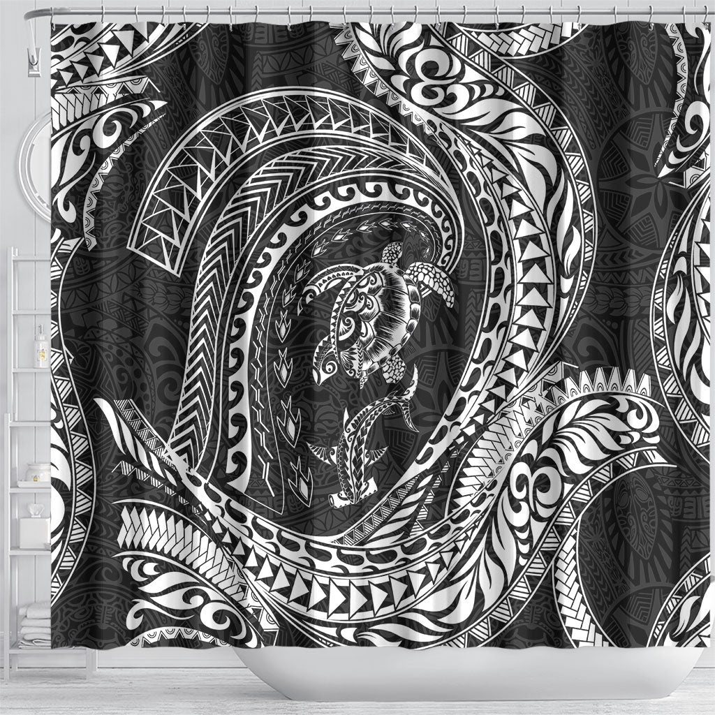 Hawaiian Turtle and Shark Shower Curtain Kakau Tribal with Polynesian Pattern Black Color LT03 - Polynesian Pride