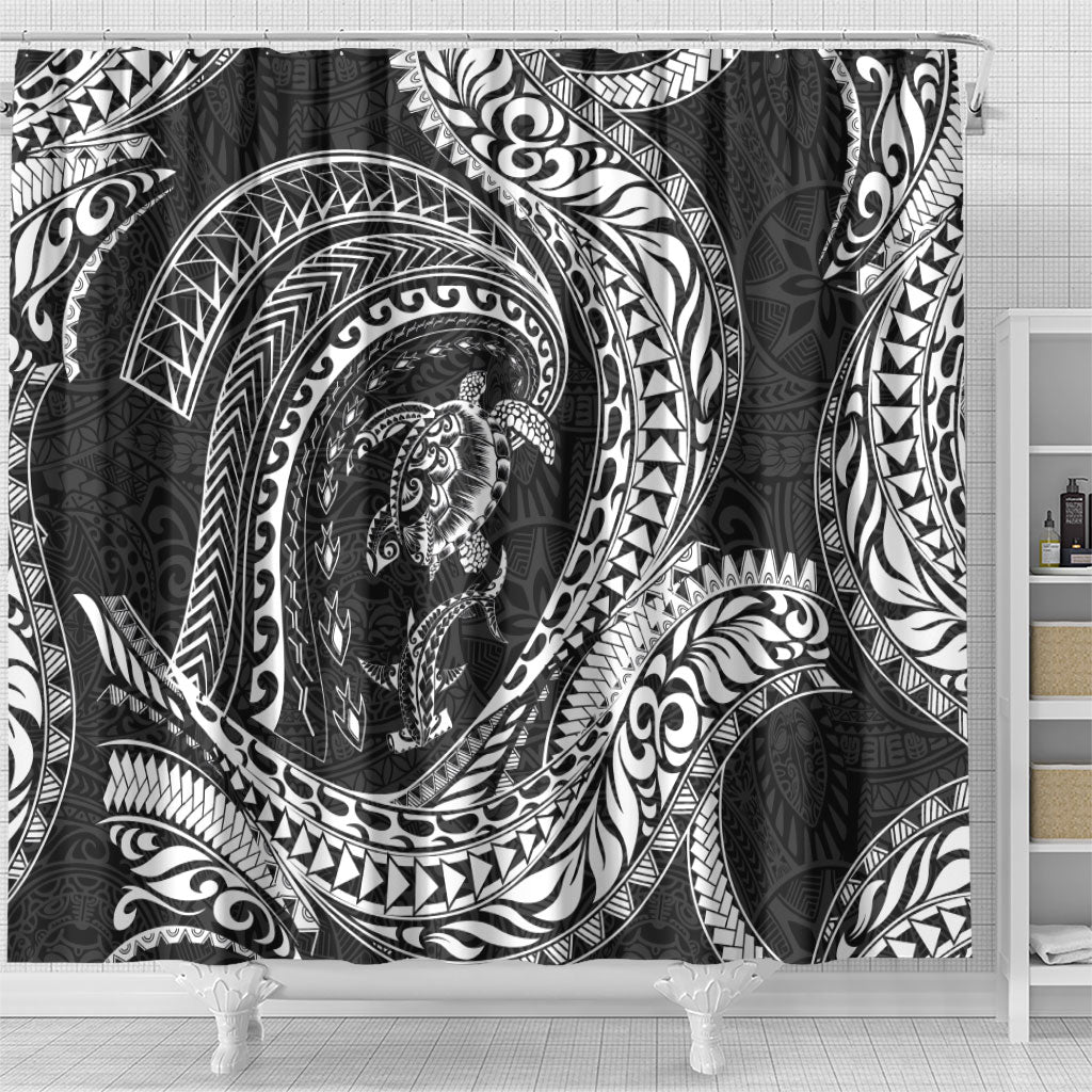 Hawaiian Turtle and Shark Shower Curtain Kakau Tribal with Polynesian Pattern Black Color LT03 - Polynesian Pride