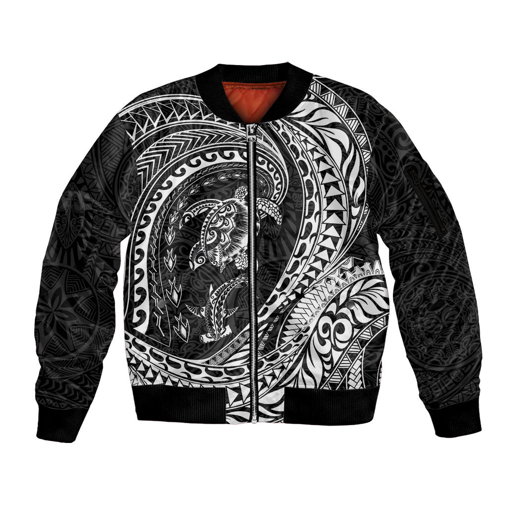 Hawaiian Turtle and Shark Sleeve Zip Bomber Jacket Kakau Tribal with Polynesian Pattern Black Color LT03 Unisex Black - Polynesian Pride
