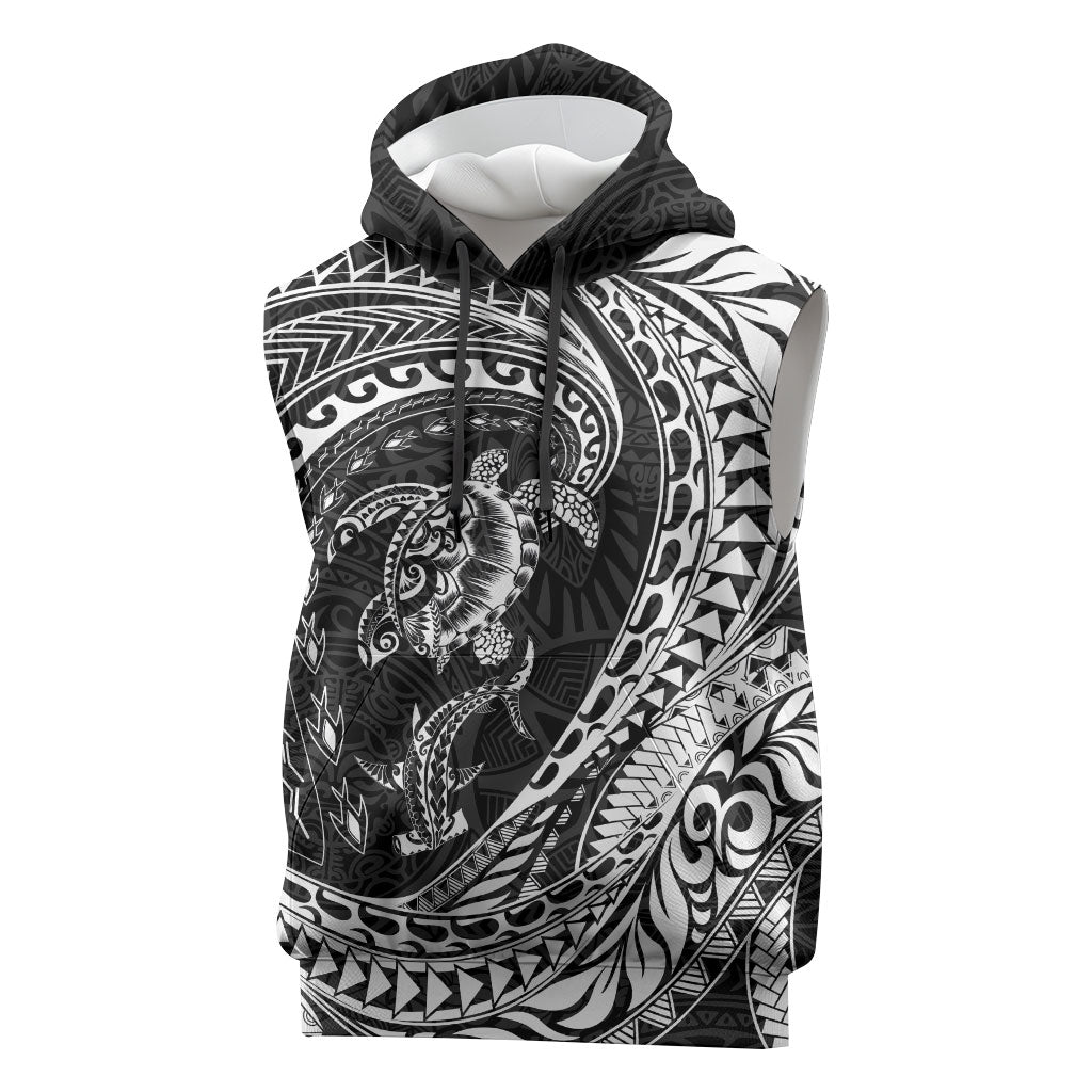 Hawaiian Turtle and Shark Sleeveless Hoodie Kakau Tribal with Polynesian Pattern Black Color LT03 Black - Polynesian Pride