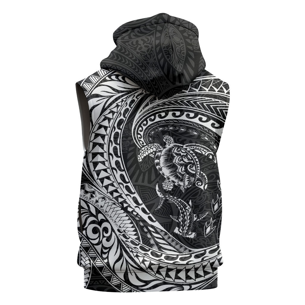 Hawaiian Turtle and Shark Sleeveless Hoodie Kakau Tribal with Polynesian Pattern Black Color LT03 - Polynesian Pride