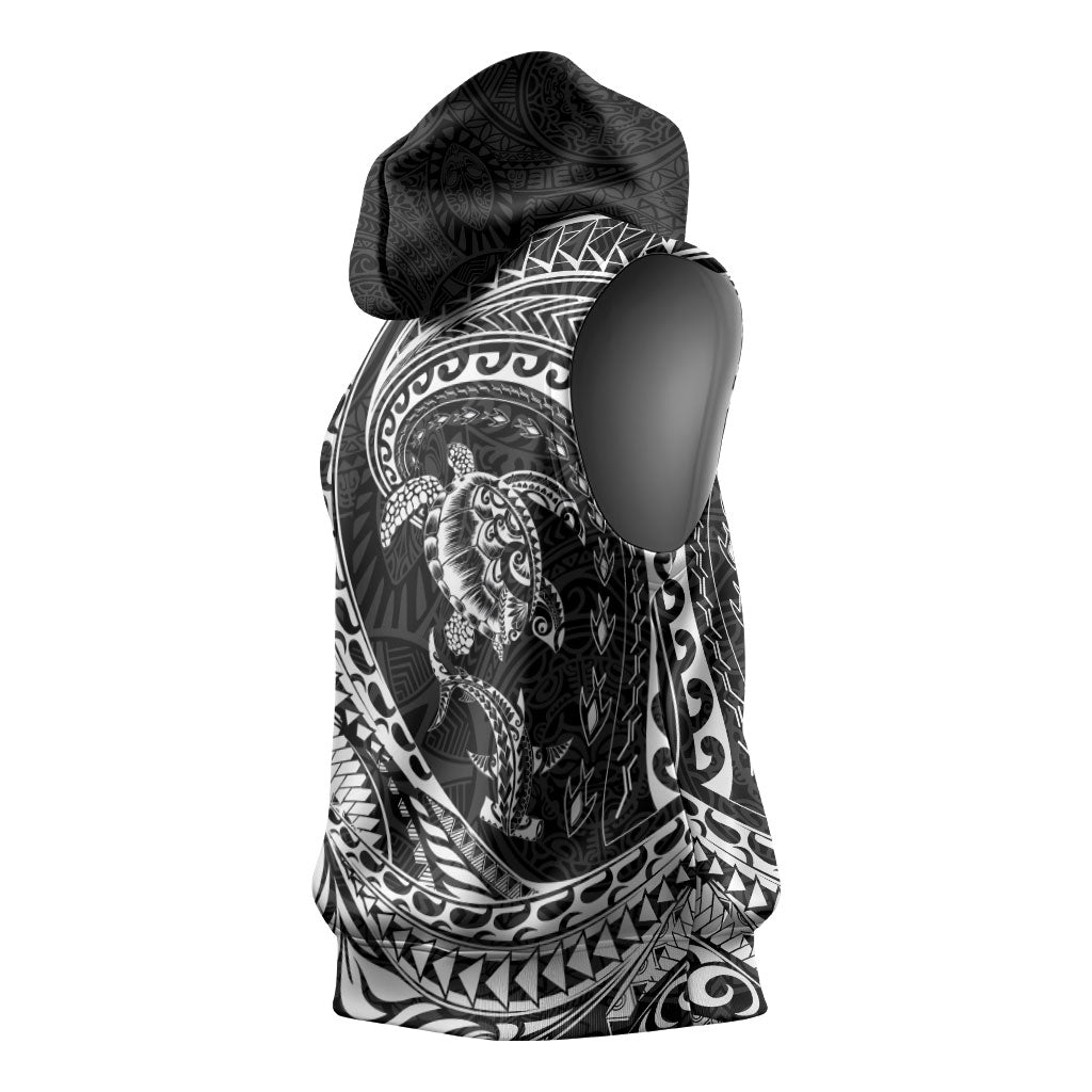 Hawaiian Turtle and Shark Sleeveless Hoodie Kakau Tribal with Polynesian Pattern Black Color LT03 - Polynesian Pride