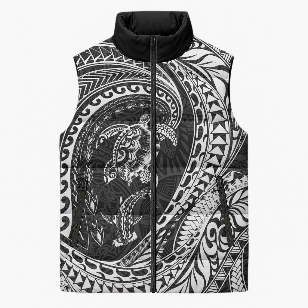 Hawaiian Turtle and Shark Sleeveless Puffer Jacket Kakau Tribal with Polynesian Pattern Black Color LT03 Unisex Black - Polynesian Pride