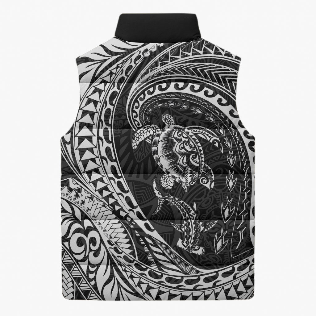 Hawaiian Turtle and Shark Sleeveless Puffer Jacket Kakau Tribal with Polynesian Pattern Black Color LT03 - Polynesian Pride